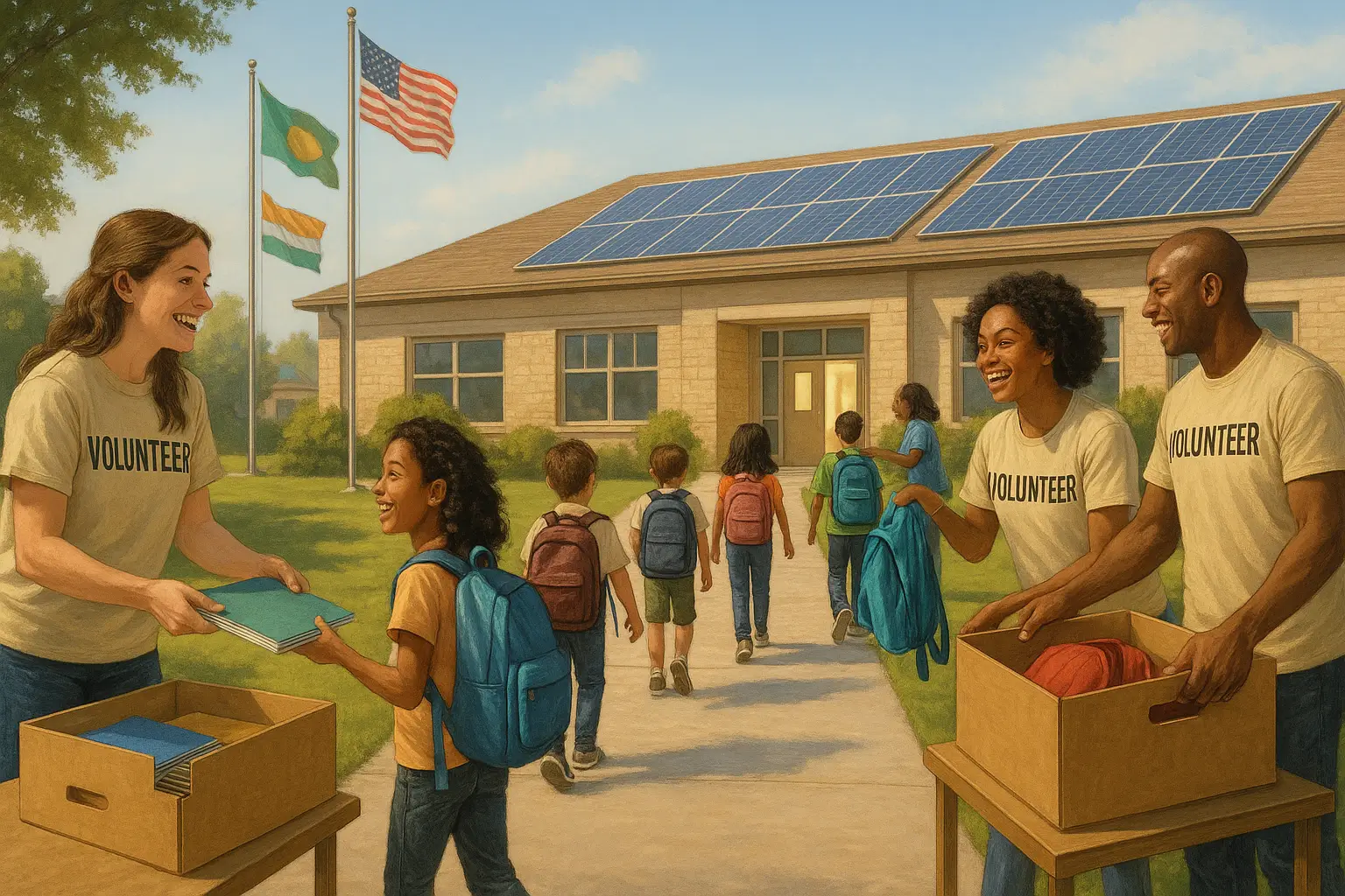 двор школы с детьми и волонтёрами