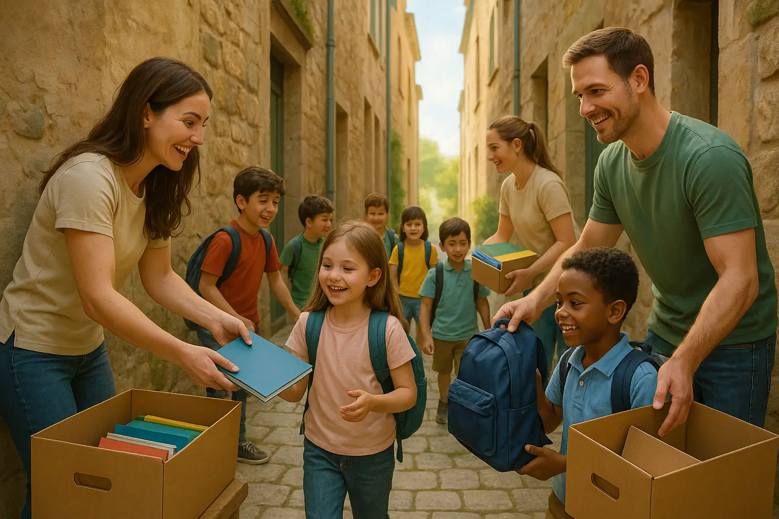 переулок с детьми и волонтёрами
