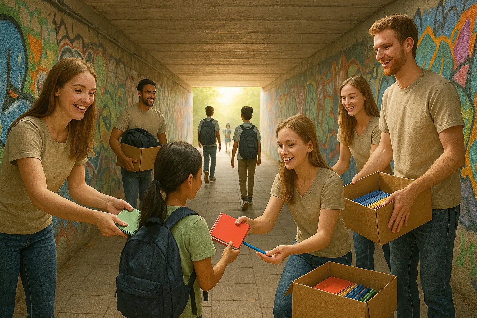 подземный переход с детьми и волонтёрами