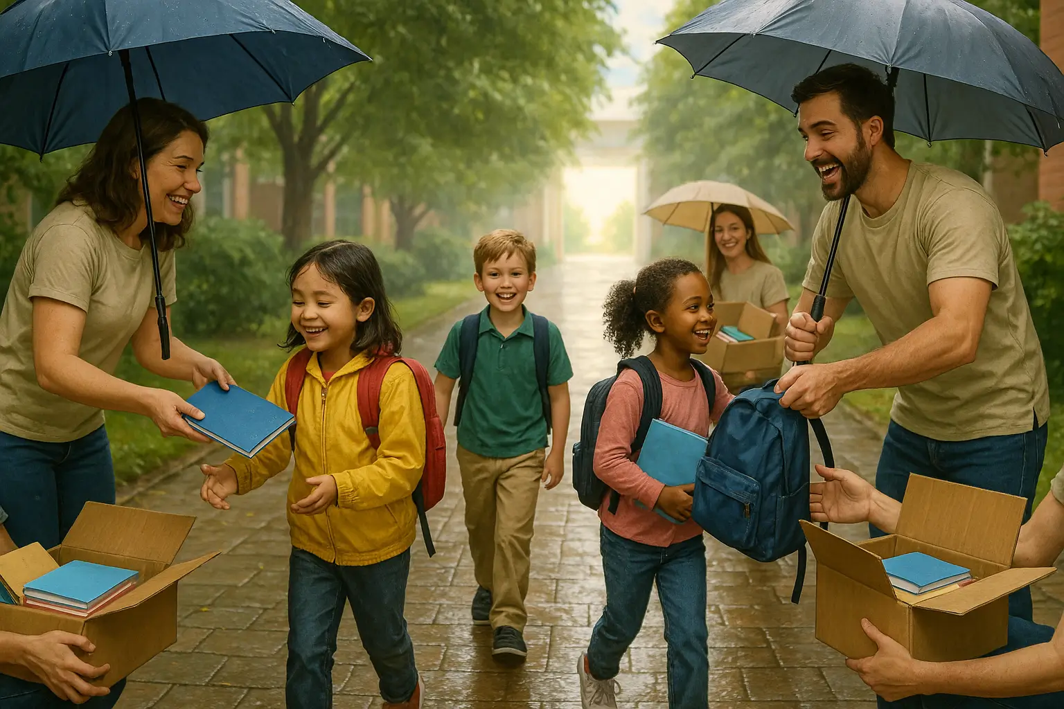 дети идут по мокрой улице с волонтёрами