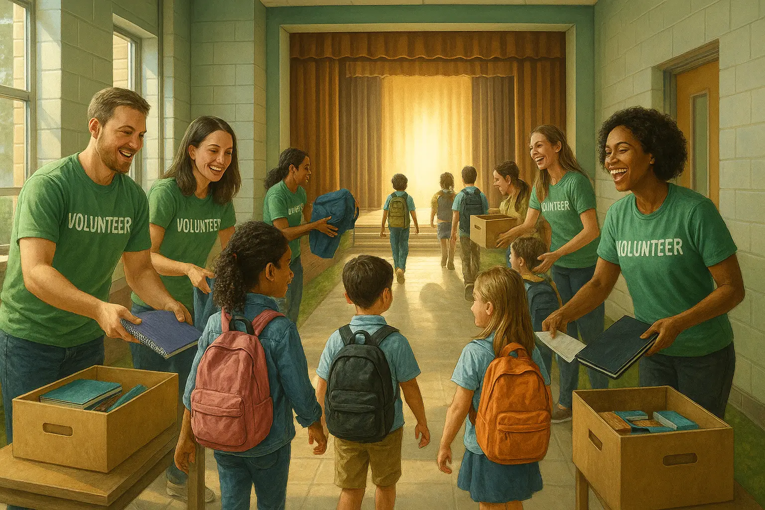 дети идут к сцене с волонтёрами