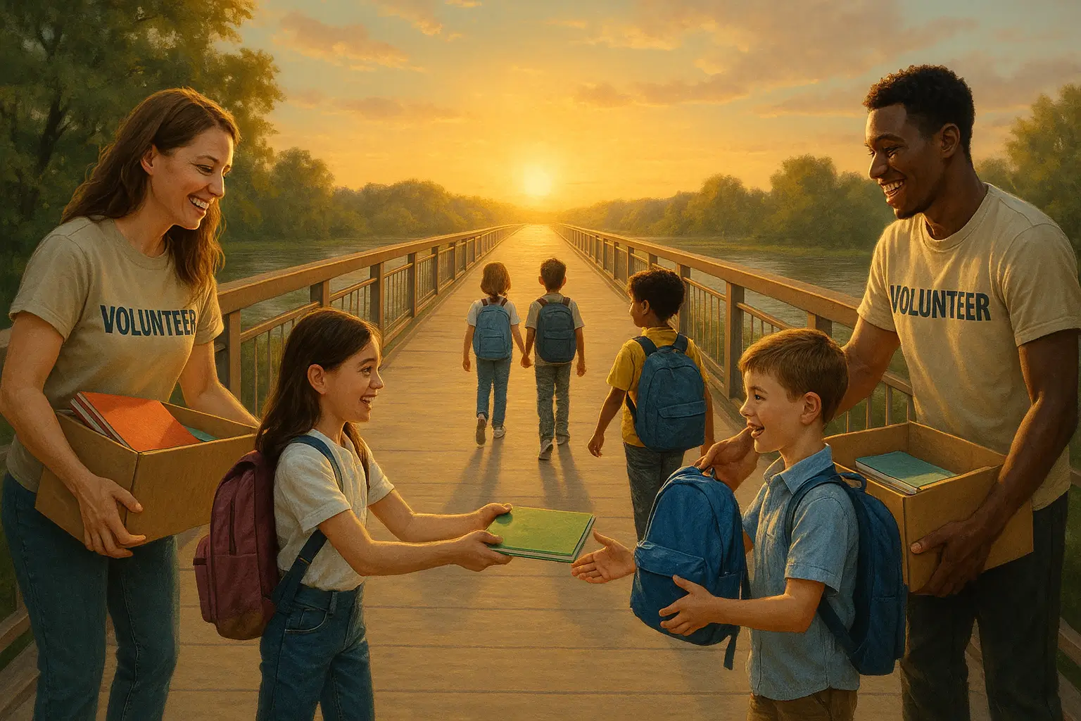 мост с детьми и волонтёрами на закате