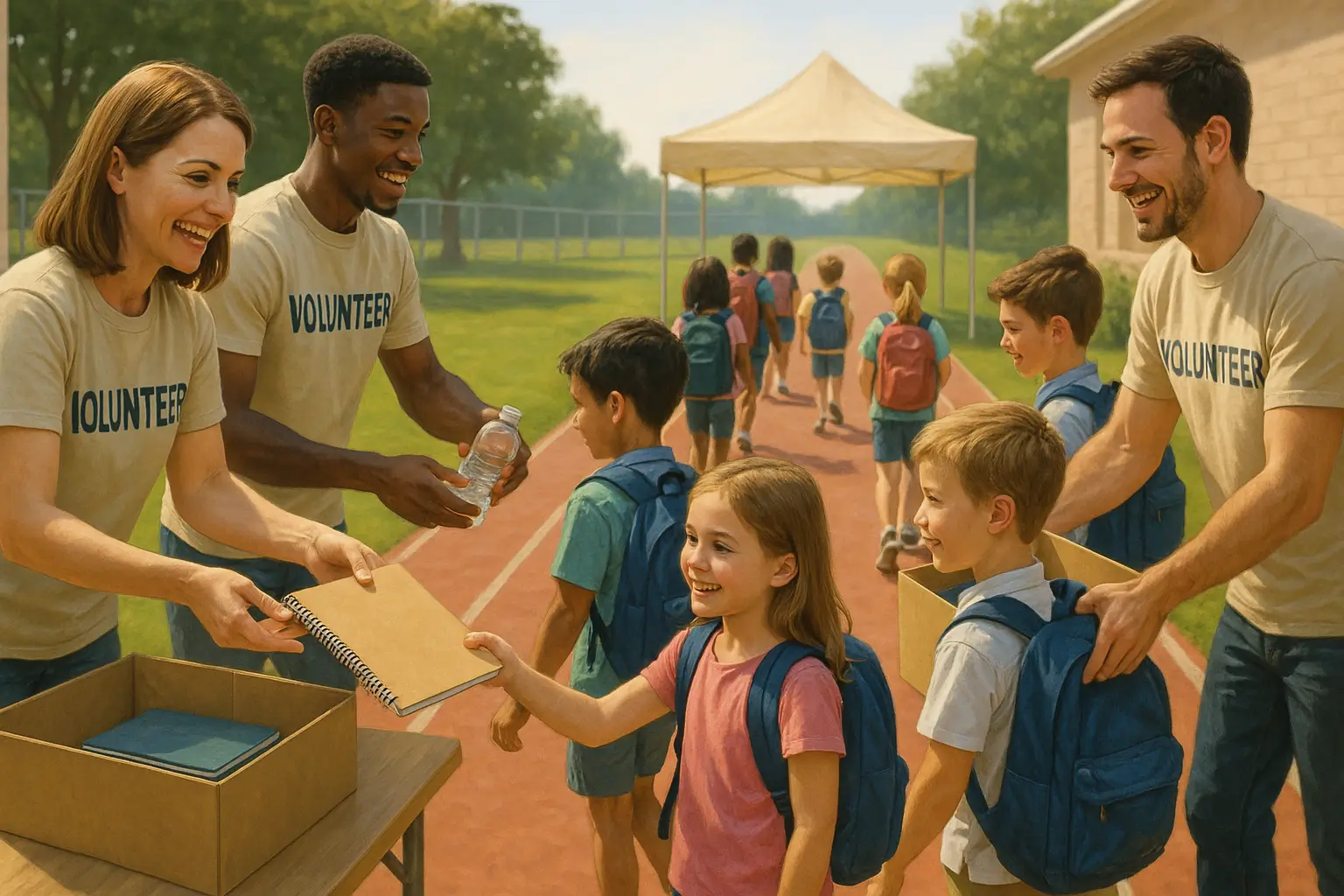 дети и волонтёры на стадионе