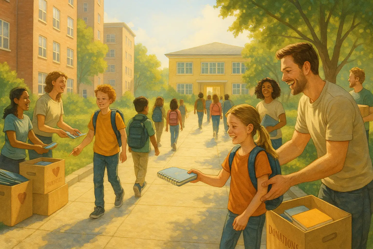 школьники и волонтёры во дворе