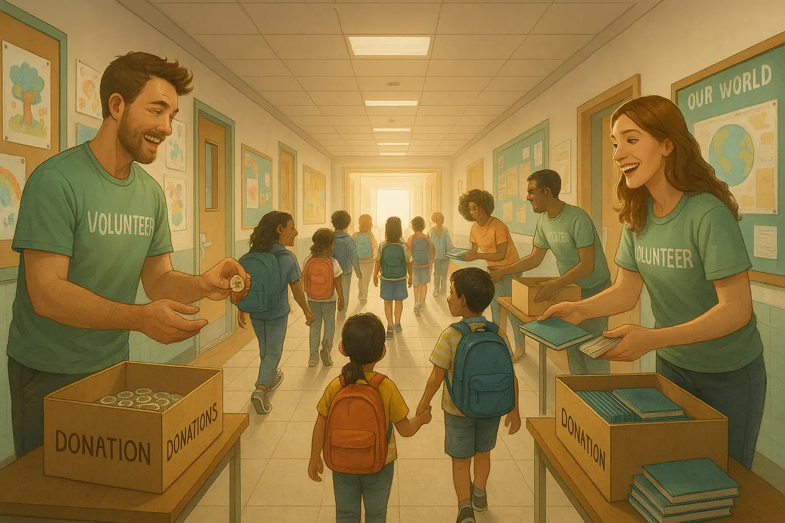 дети идут по украшенному школьному коридору