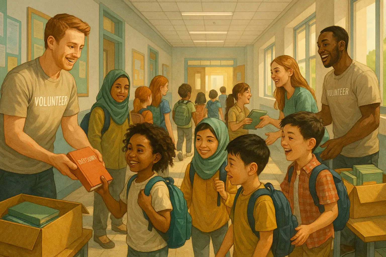 школьный коридор с детьми разных национальностей