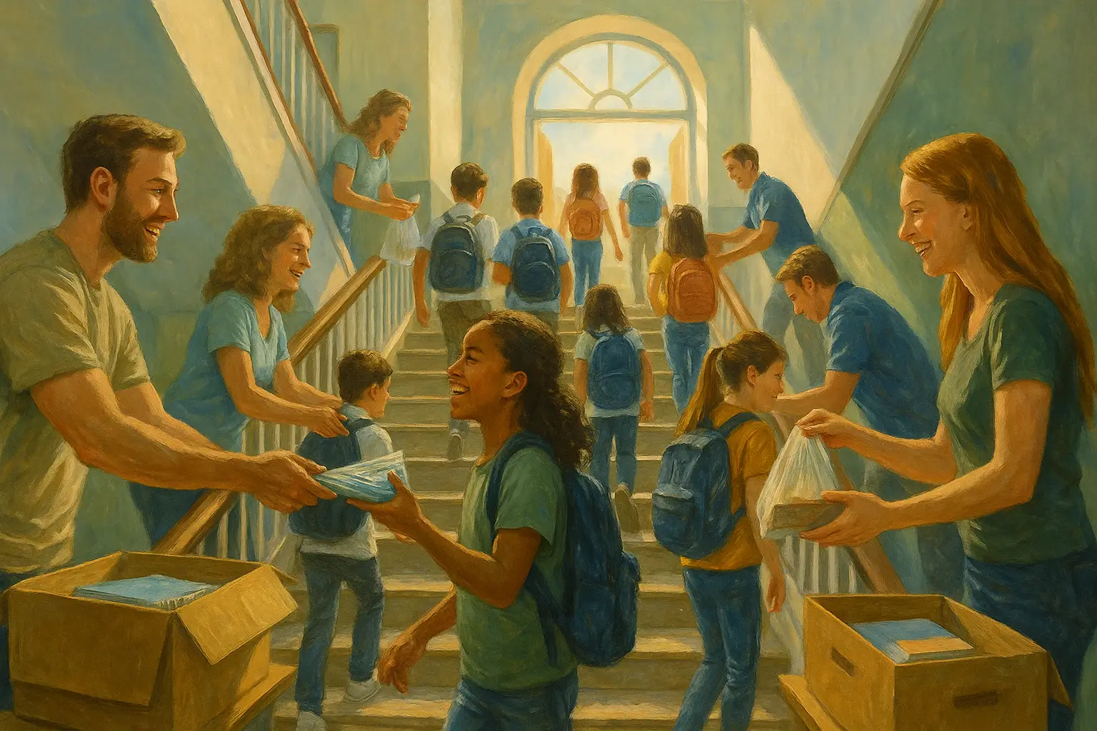 лестница с учениками и волонтёрами