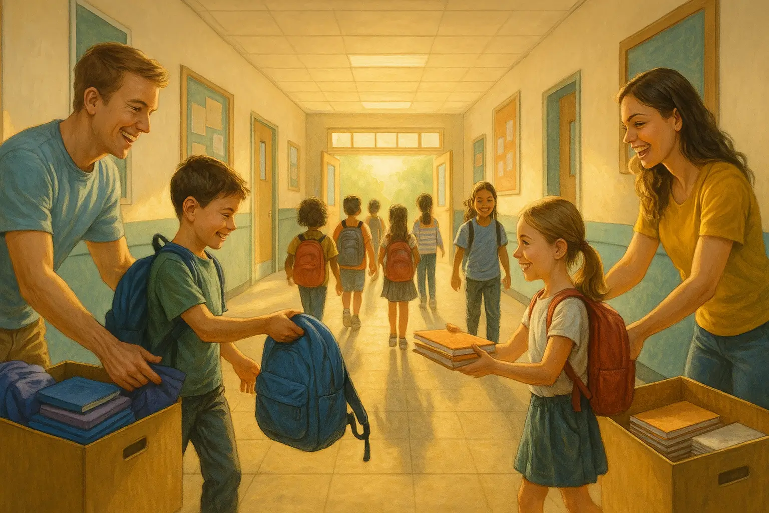 школьный коридор с детьми и волонтёрами