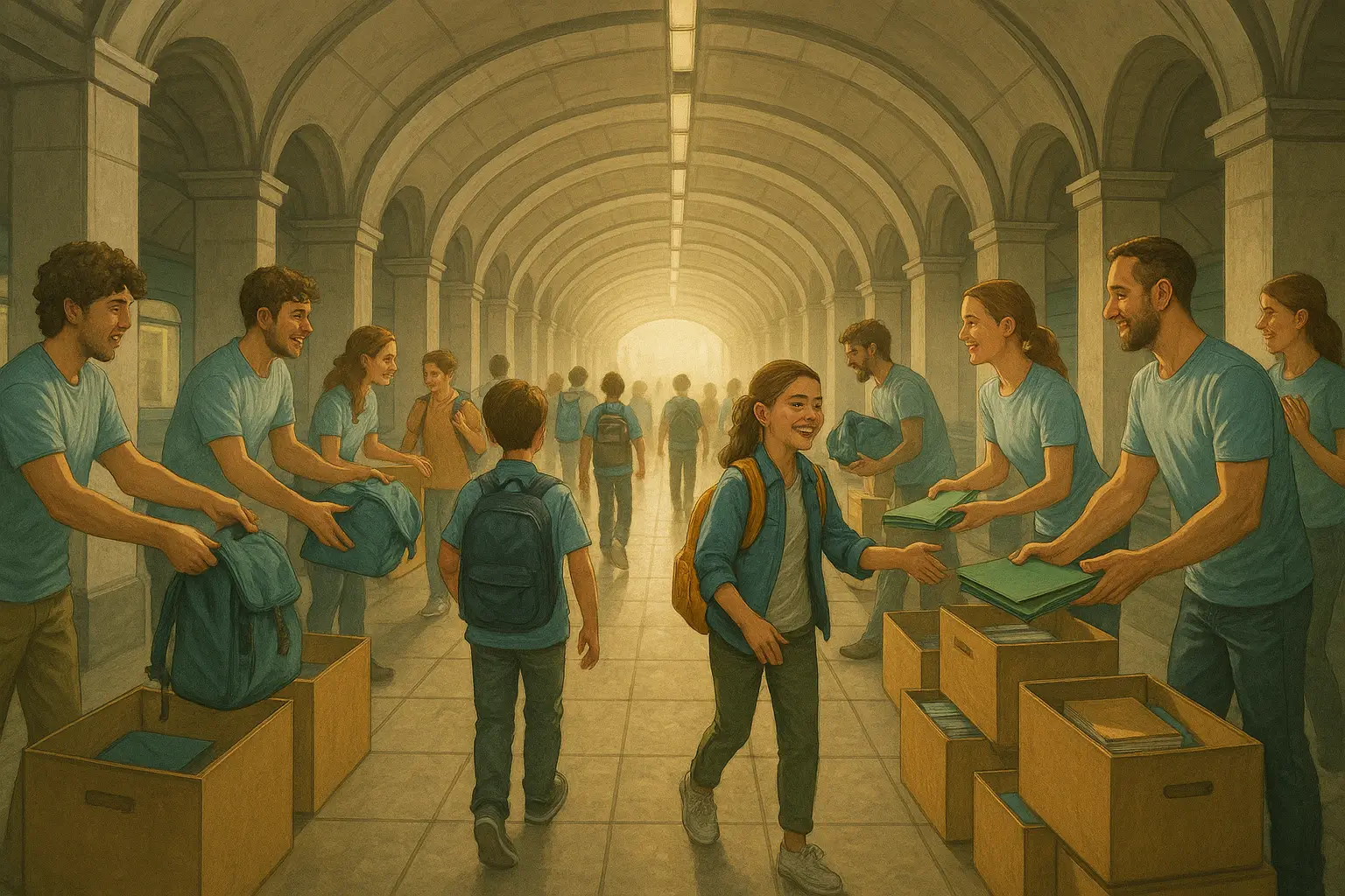 ученики идут через метро с помощью волонтёров